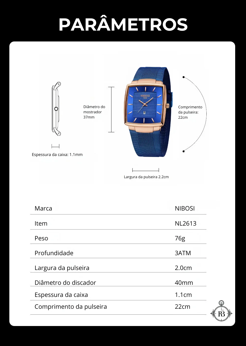 Relógio NIbosi Azul Masculino Quadrado de Quartzo 0994